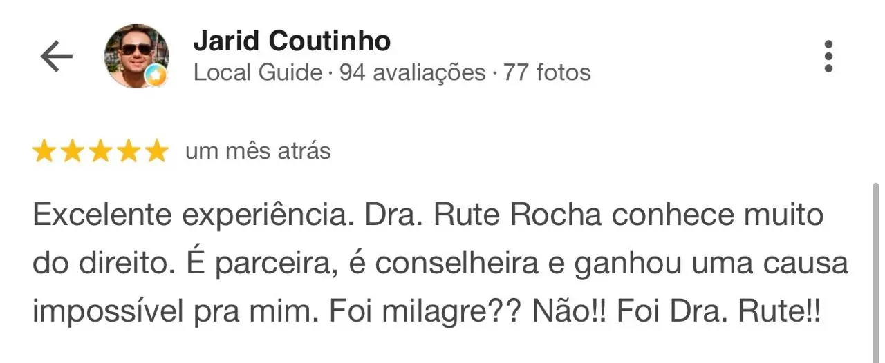 Avaliação de cliente sobre o atendimento da Dra. Rute Rocha